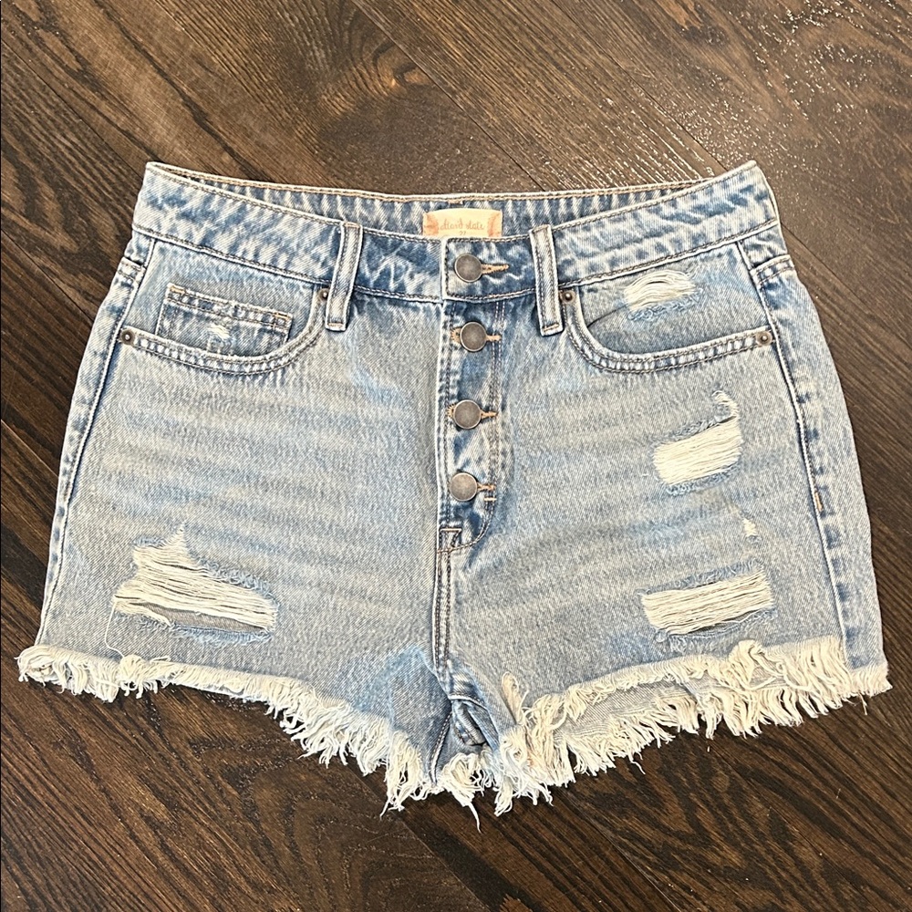 Altar’d State Light Blue Distressed High-Rise Denim Shorts 27 Button Up Frayed